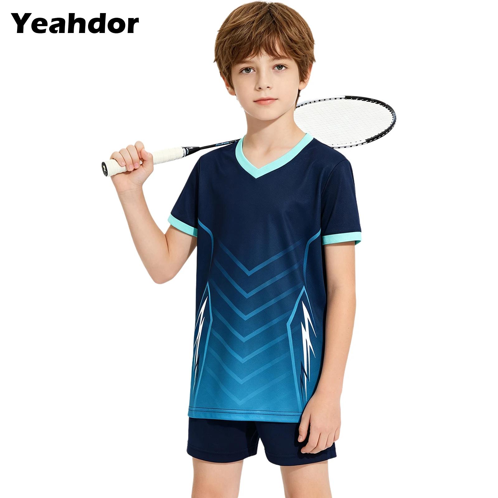Badminton Jersey - Kinder-Jungen-Mädchen-Fußball-Badminton-Trainingsanzug, schnell trocknendes, kurzärmliges, bedrucktes, kontrastfarbenes